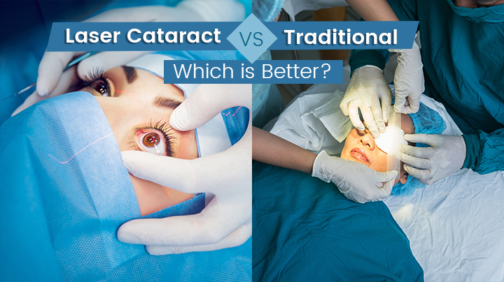 a collage of a woman with a blue cover and gloves for Laser & Traditional Cataract Surgery