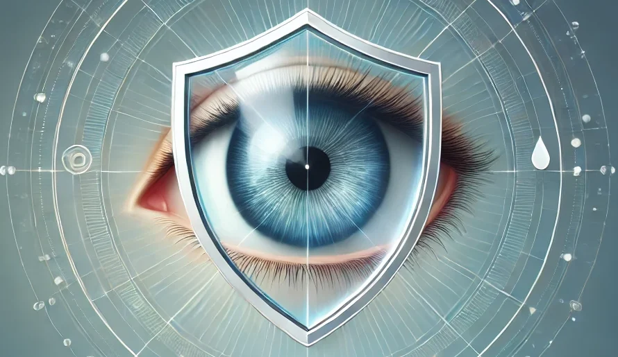 DALL·E 2025 01 05 11.22.08 A visually striking illustration of an eye with a protective shield around it symbolizing care and protection. The shield is semi transparent glowin e1736056593357